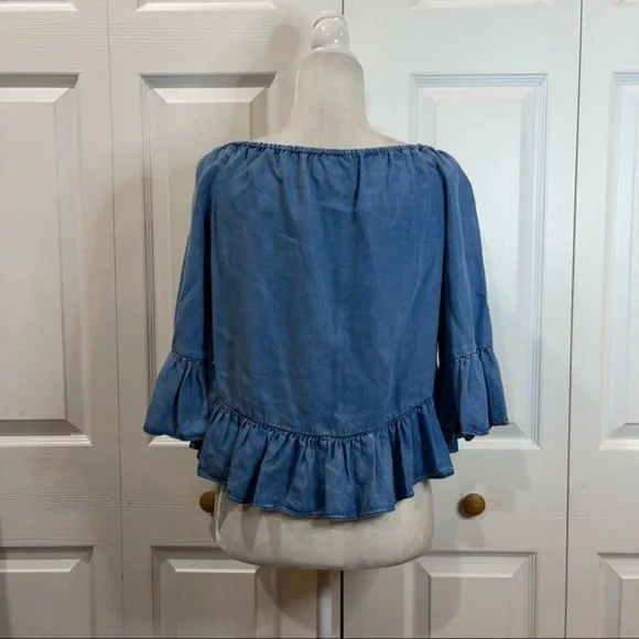 Zara Off The Shoulder Denim Ruffle Top - Picture 4 of 6